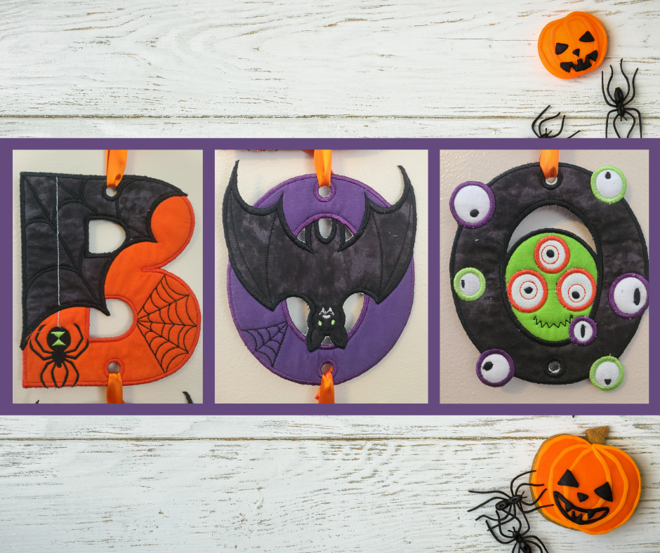 Finished Boo wall hanger with Halloween-themed embroidery