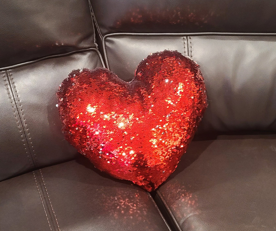Red sequin heart pillow finished project