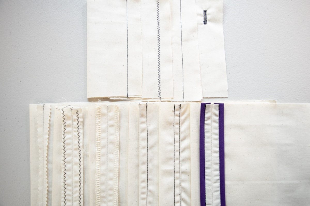 Sewing machine stitching sample showing straight, zigzag, and buttonhole stitches