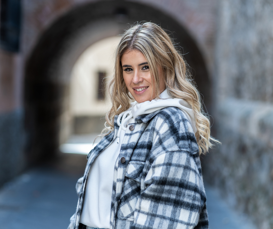 DIY shacket made from plaid fabric with patch pockets and chunky buttons