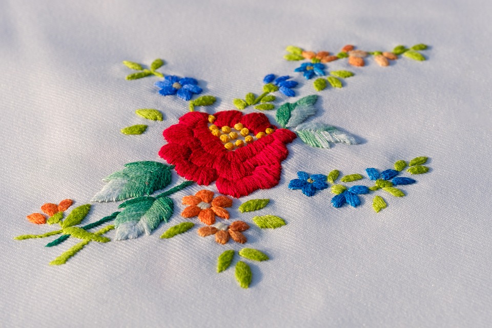Modern embroidery machine with fabric and thread for sewing projects