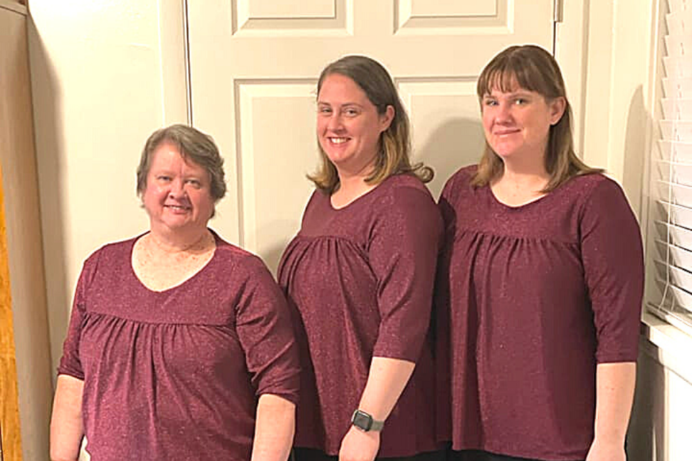 Mama Catherine sewing pattern top made with knit fabric